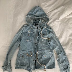 Distressed zip up denim jacket with hood